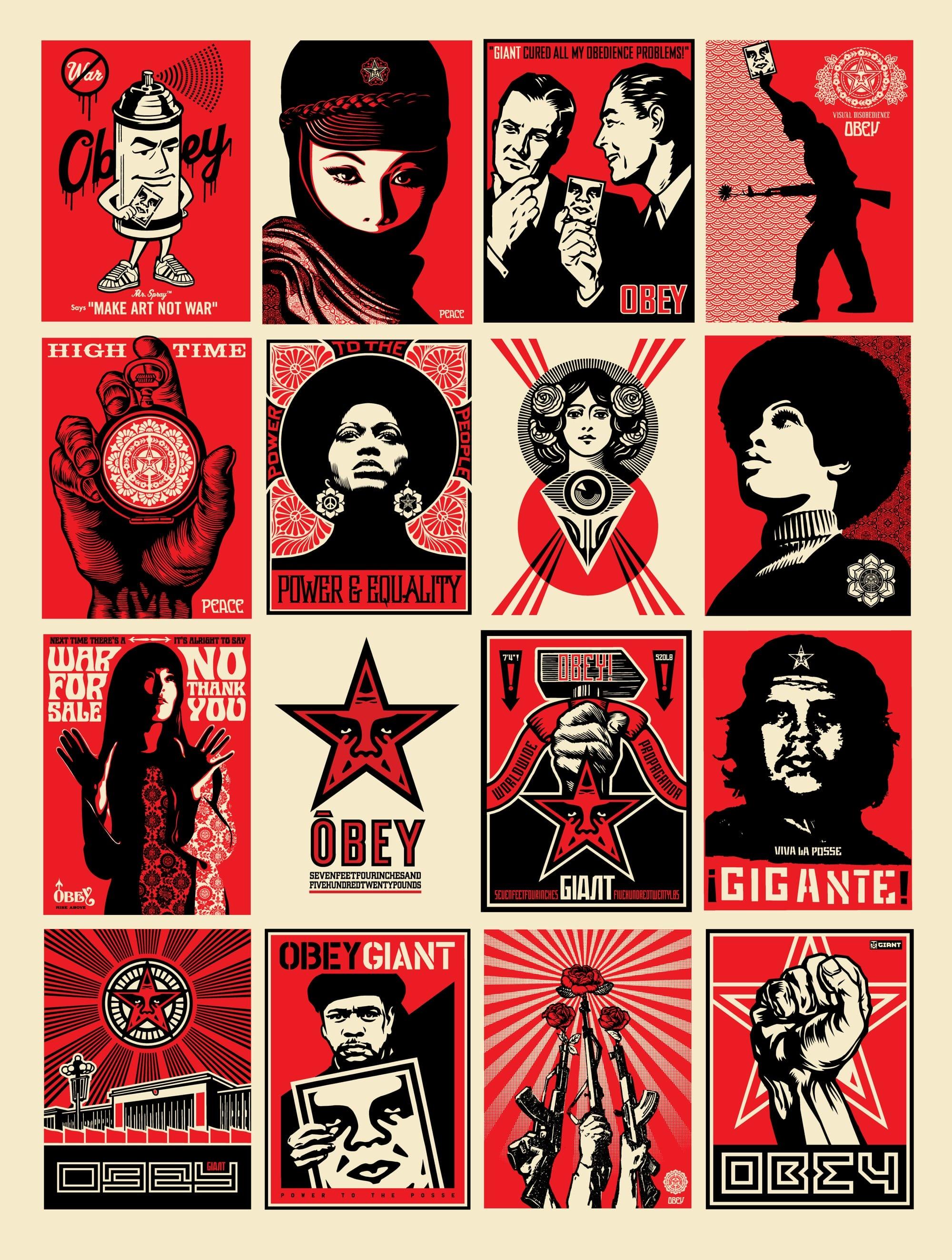 a composite image of 12 black, red, and white posters by Shepard Fairey