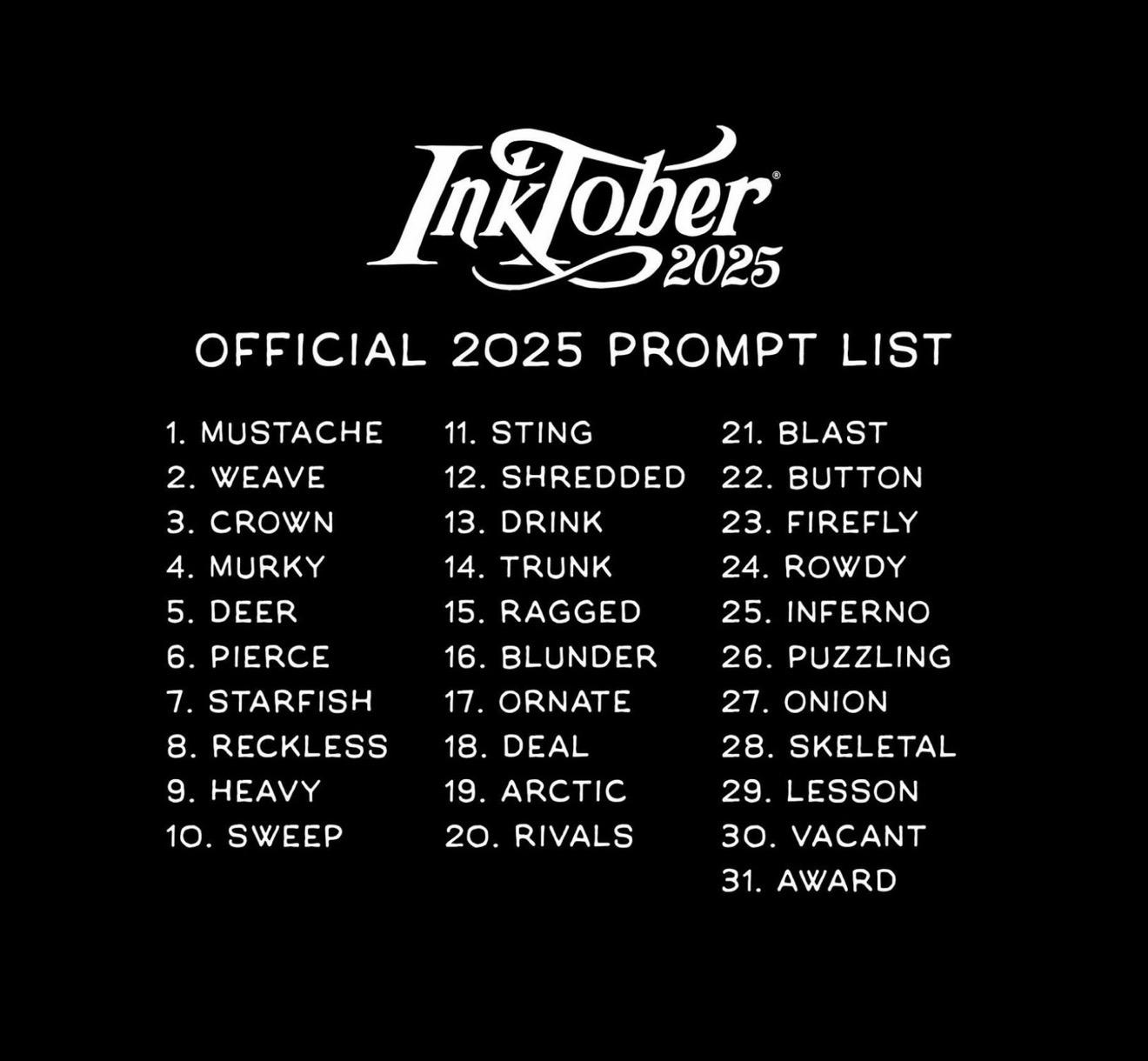 Inktober 2025 prompt list.