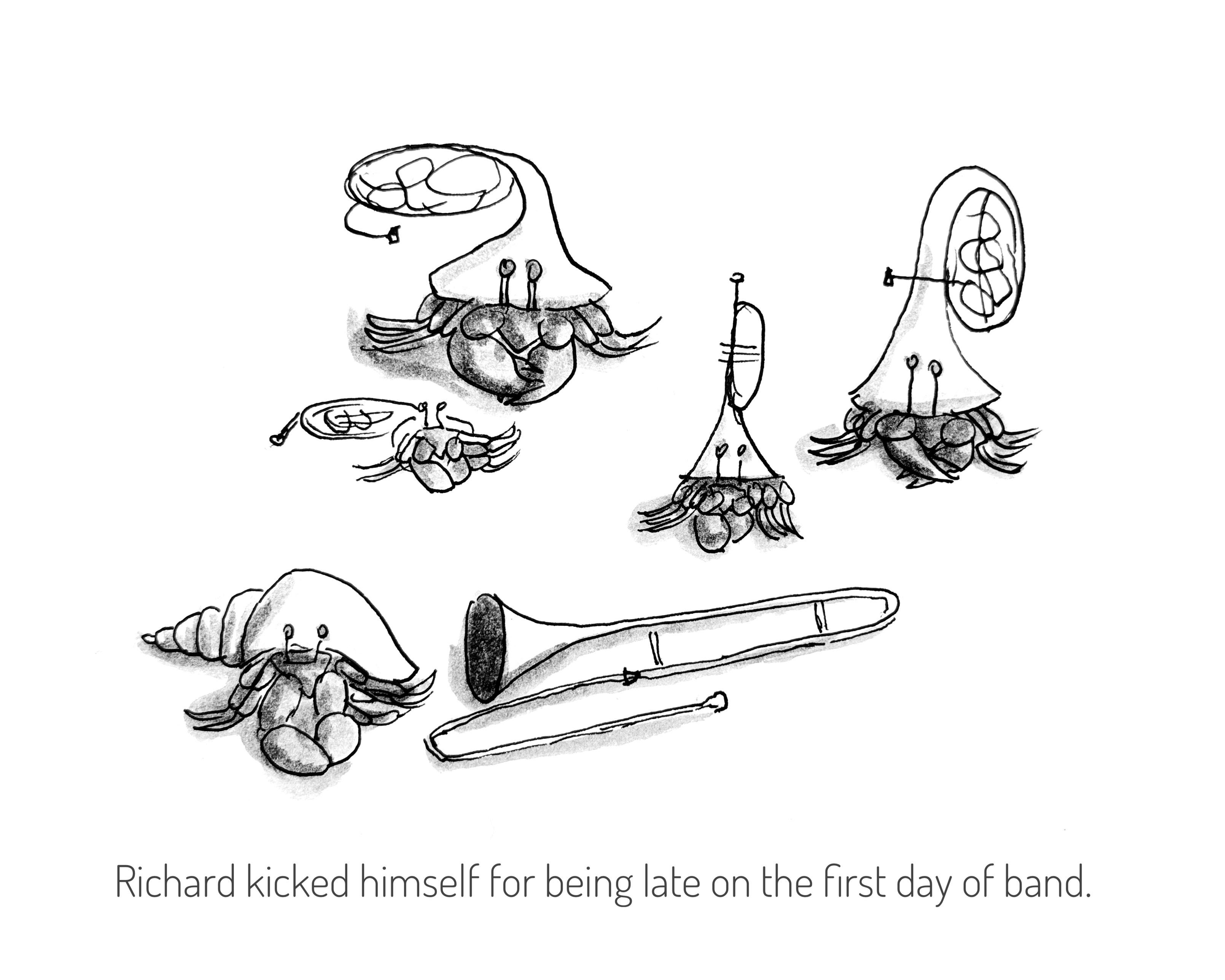 Ink sketch of hermit crabs occupying vacant brass instruments for the Inktober 2025 prompt “Vacant”.