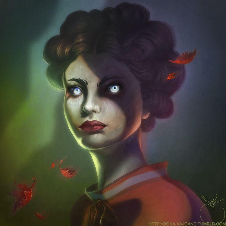 The same portrait as previous, except the atmosphere is dreary with green and blue glow, and the falling leaves are blood-red. The woman's eyes are glowing white and her skin has faint veins all over.