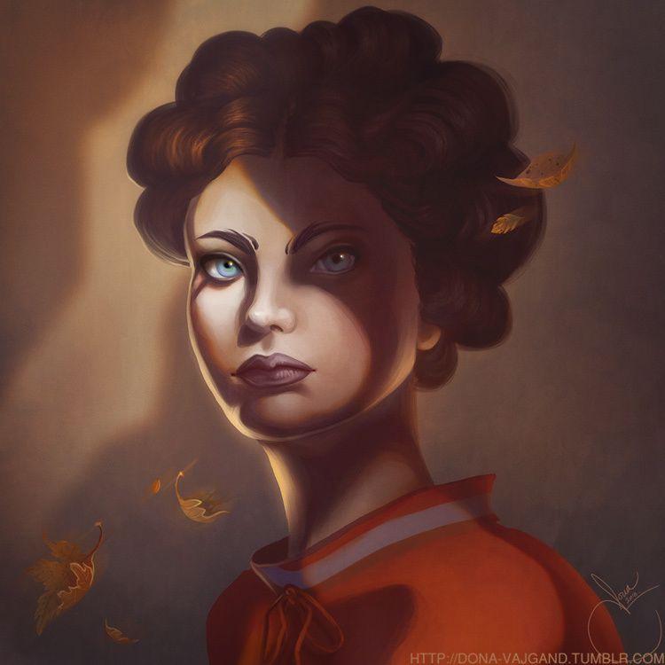 Portrait of a young woman with blue eyes and hair up in tight curls, looking off into the distance, expressionless. Half of her face is in shadow. Autumn leaves are falling around her.