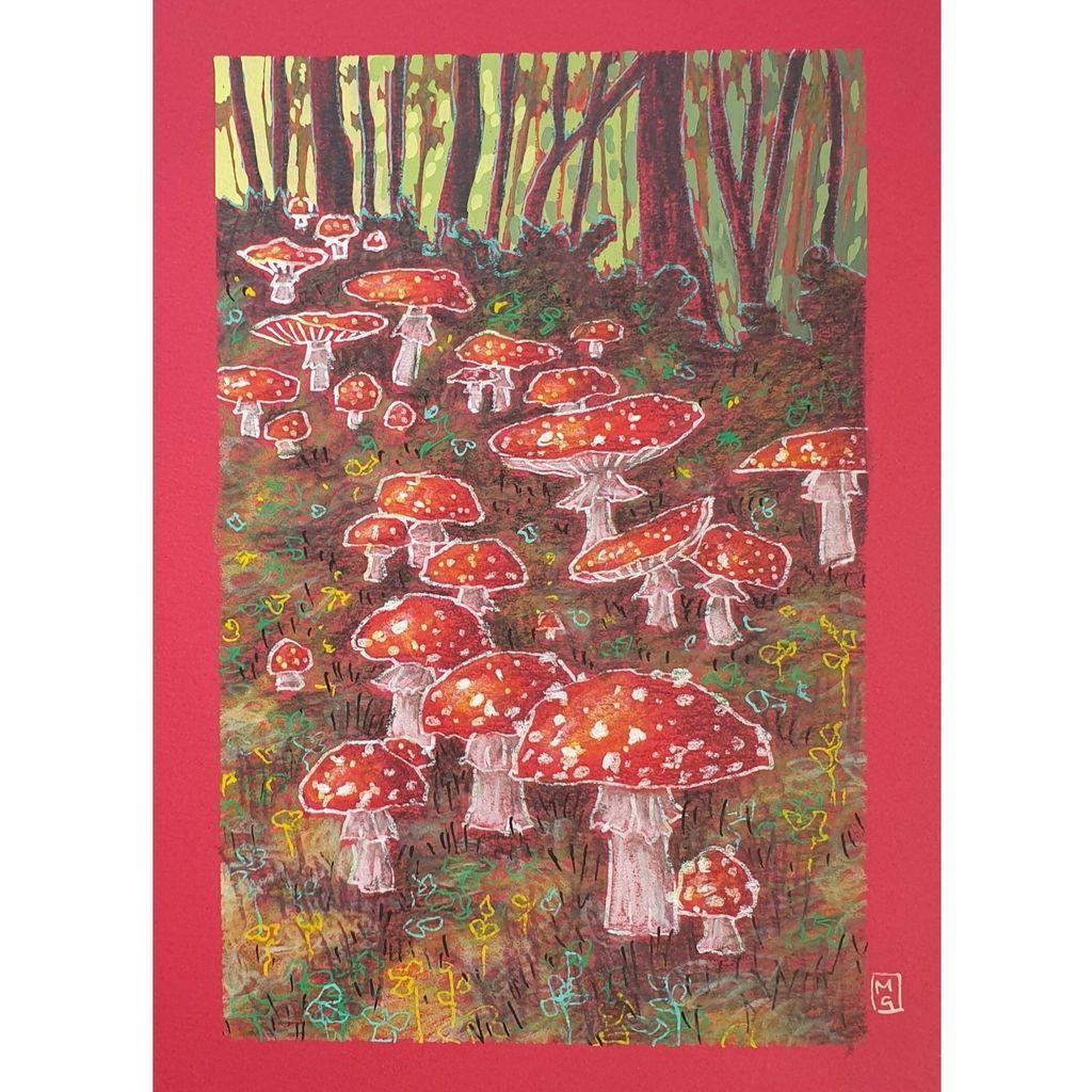 A small colour drawing of a woodland grove filled with fairy toadstools, the iconic red and white fly agaric mushrooms. The drawing is in an illustrative style with white outline around the mushrooms.
Fly agaric is the classic fairy tale toadstool, this red and white fungus is often found beneath birch trees in autumn.
An original art work, please note that the frame is not included.
Colour pencil and mixed media on acid free toned artist paper
5 by 7 inches (12.7 by 17.8 cm).