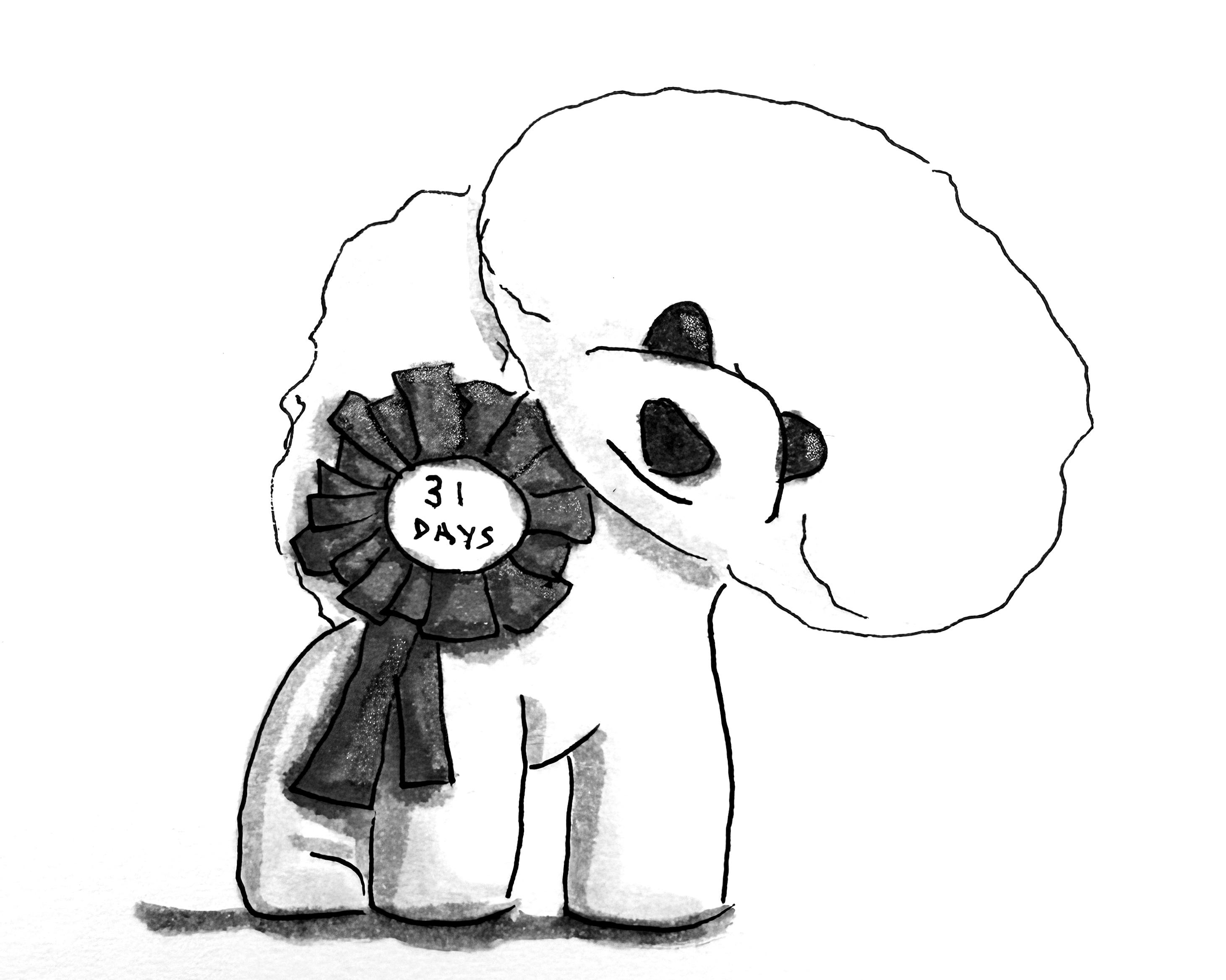 Ink sketch of a small dog with a ribbon for the Inktober 2025 prompt “Award”.