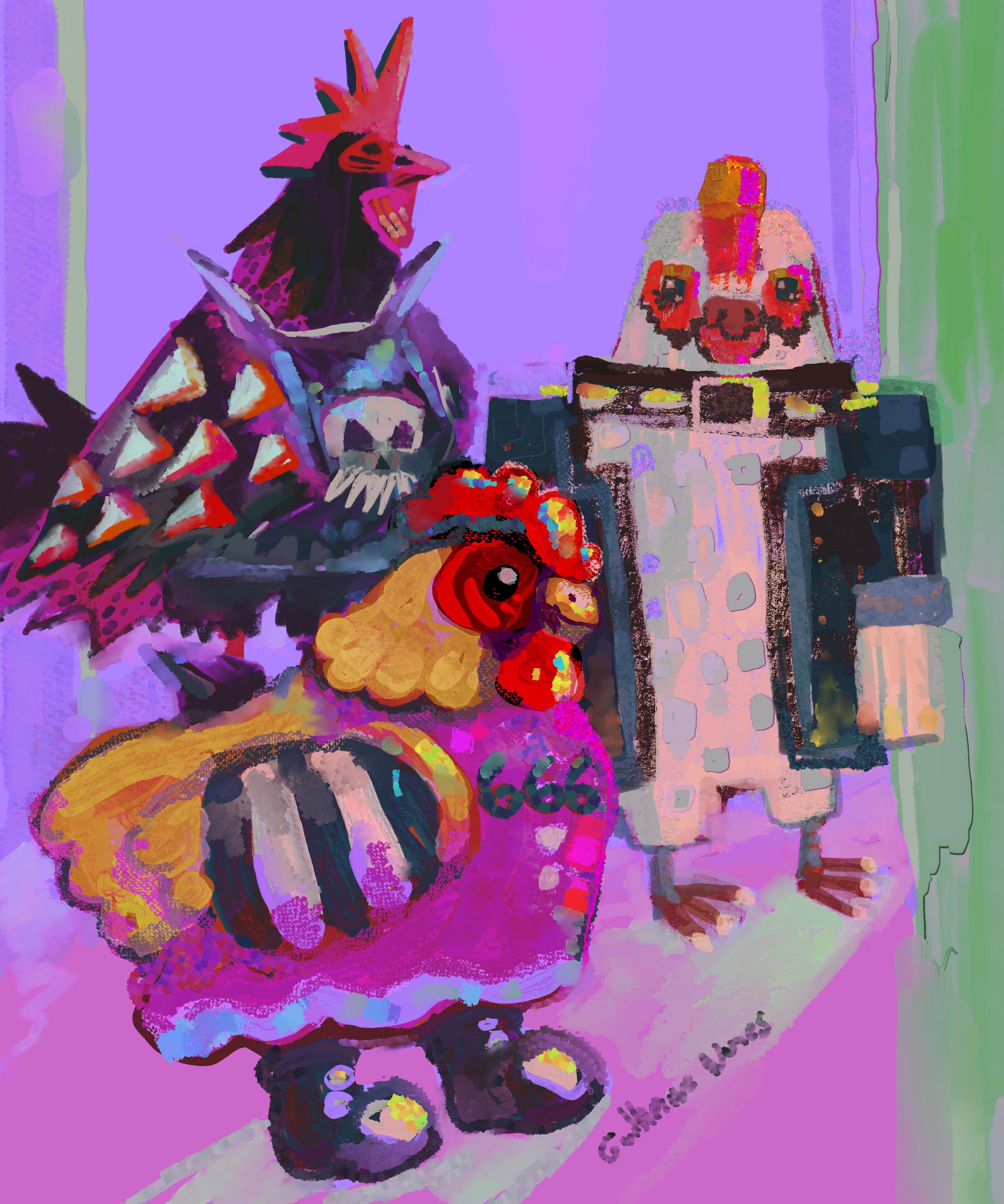 Painting of 3 chickens dressed in rock clothes, one kind of preppy, one very square, and the other kind of glam.