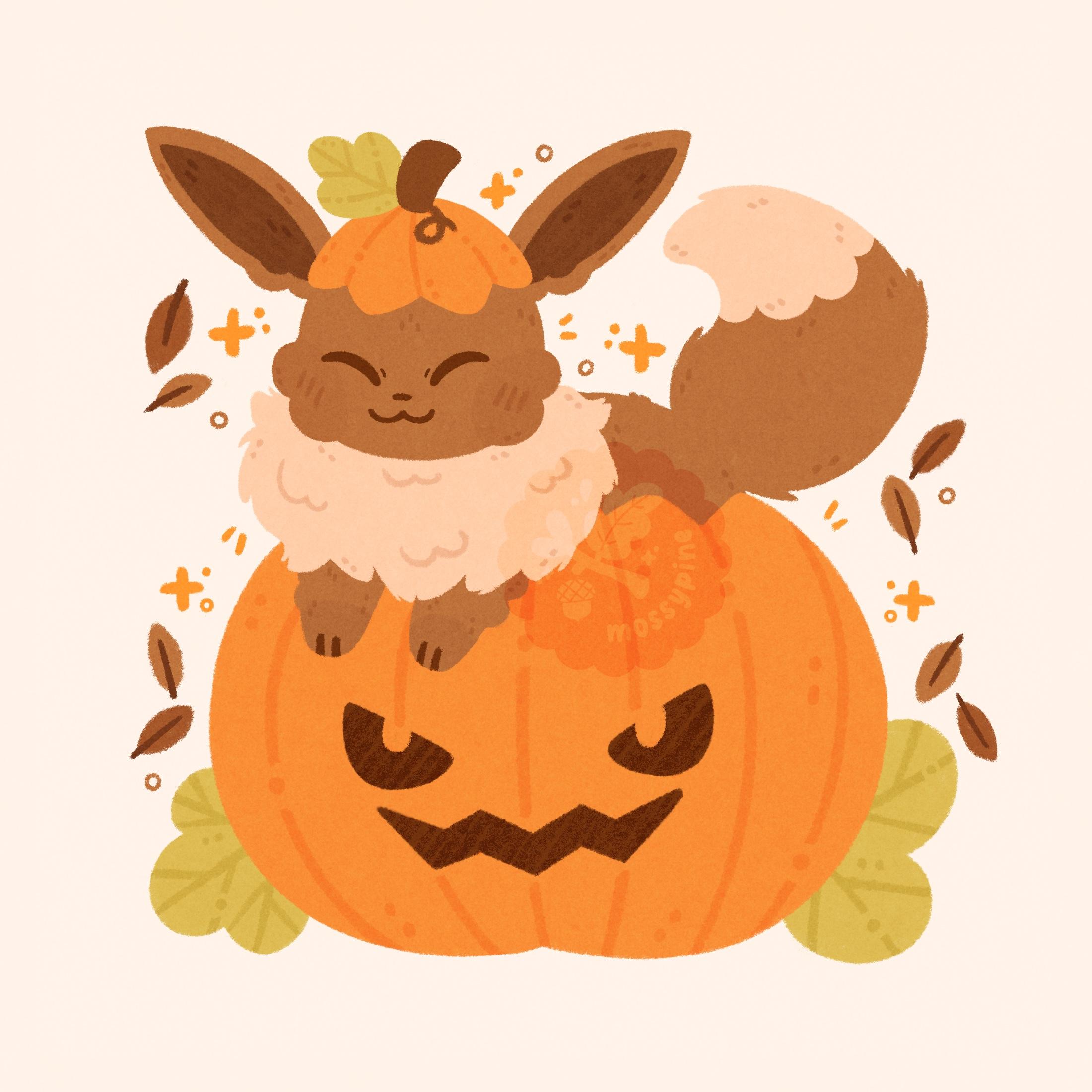 Digital illustration of the pokemon Eevee sitting in a big orange carved pumpkin