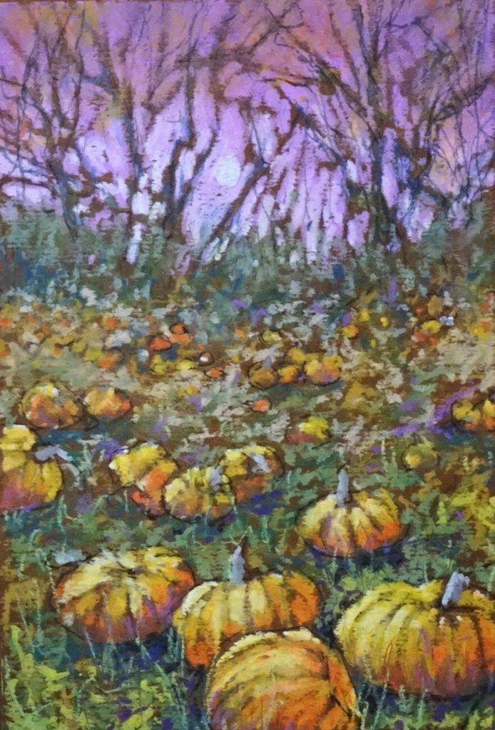 A soft pastel painting of a pumpkin patch with a violet sky.