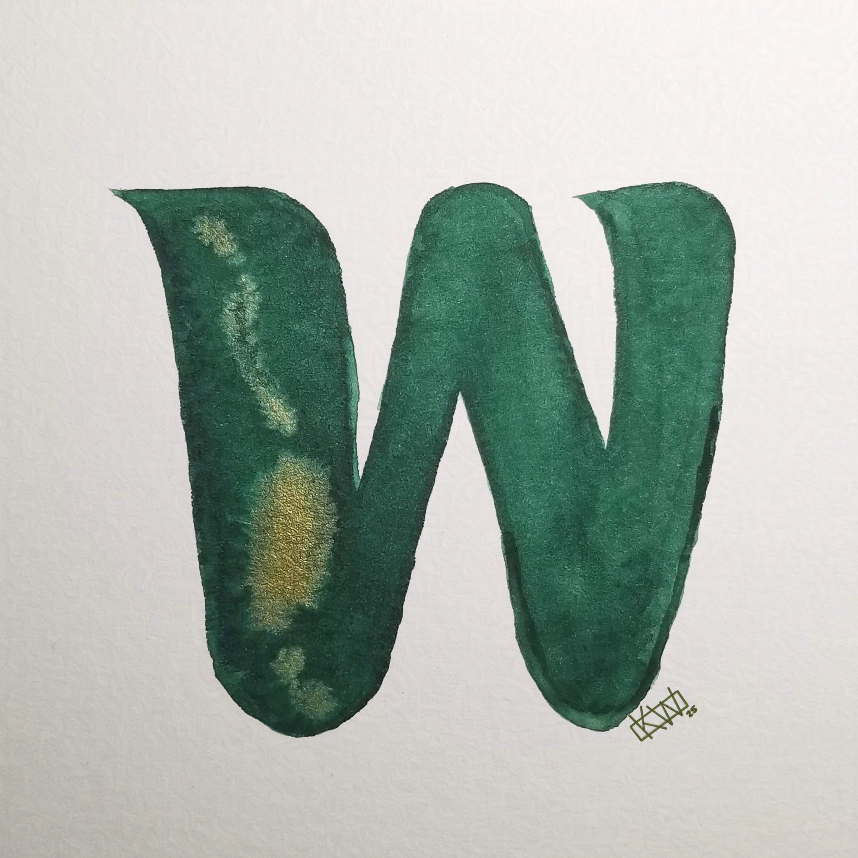 Watercolor of upper case letter W in a lovely shade of green with gold swirls.