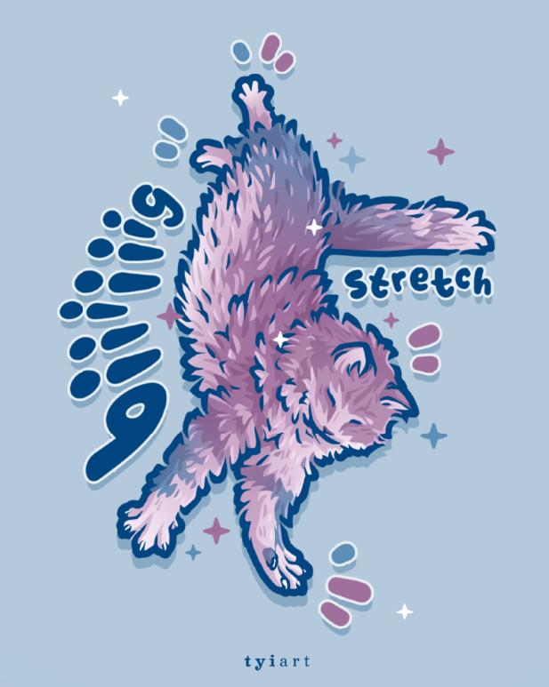 Digital drawing of a pink cat stretching on the floor, titled "biiig stretch"