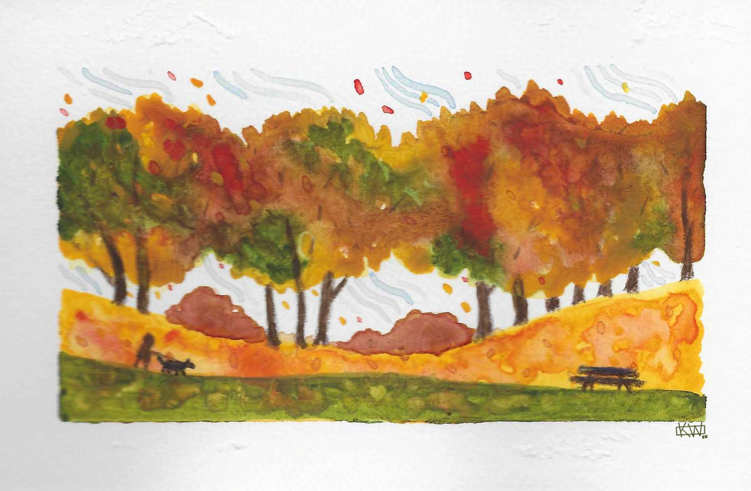 Watercolor park full of trees turning red-yellow-orange for autumn. The leaves are blowing about in the wind as a person walks their dog towards a picnic table.