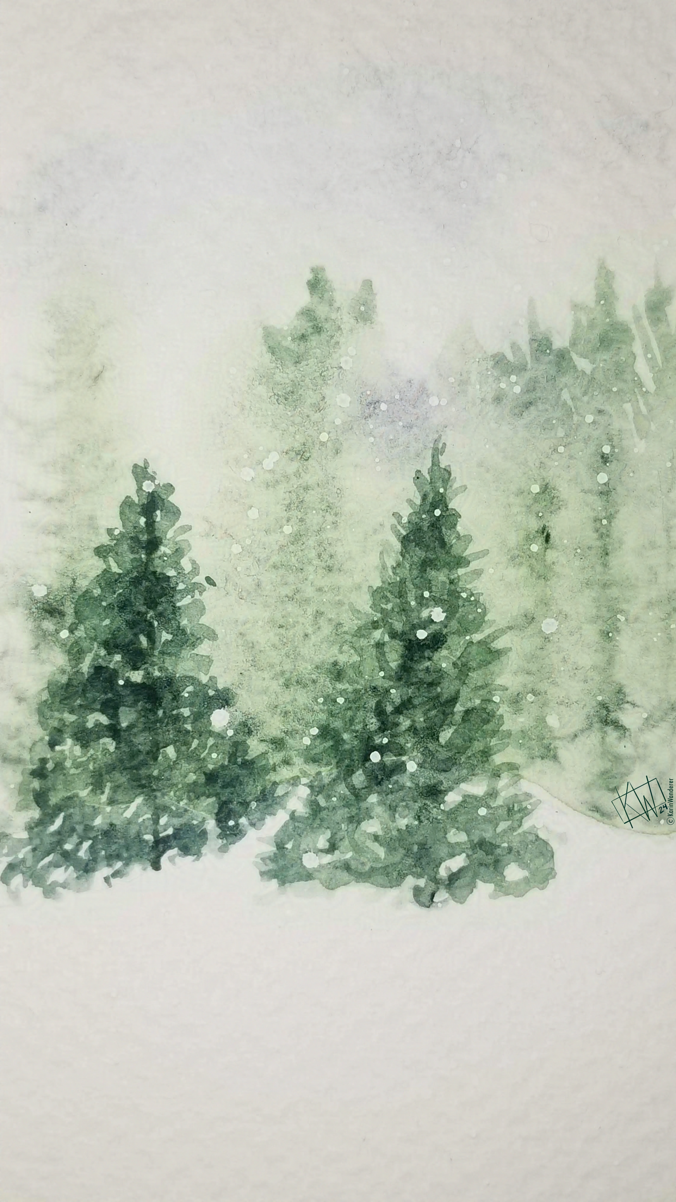 Watercolor of a misty pine forest blanketed in snow.