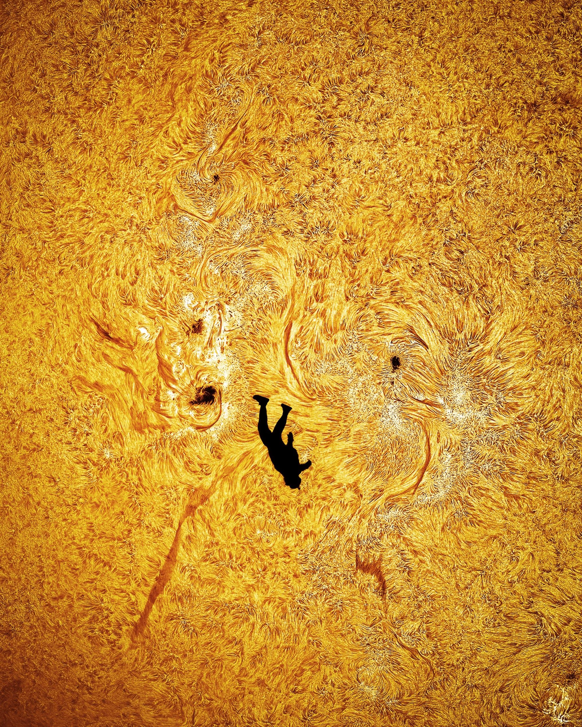 a detail image by Andrew McCarthy of a skydiver falling in front of the sun