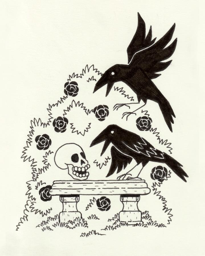 Ilustración a tinta en la que aparece una calavera sobre un banco de piedra. Junto a ella hay un cuervo posado y otro que revolotea alrededor. Detrás de ellos hay un rosal con varias flores abiertas.
 //
Ink illustration which shows a skull on a stone bench. Beside the skull there is a crow and other one that is flying around. There is a rose bush with some blossomed flowers behind them.