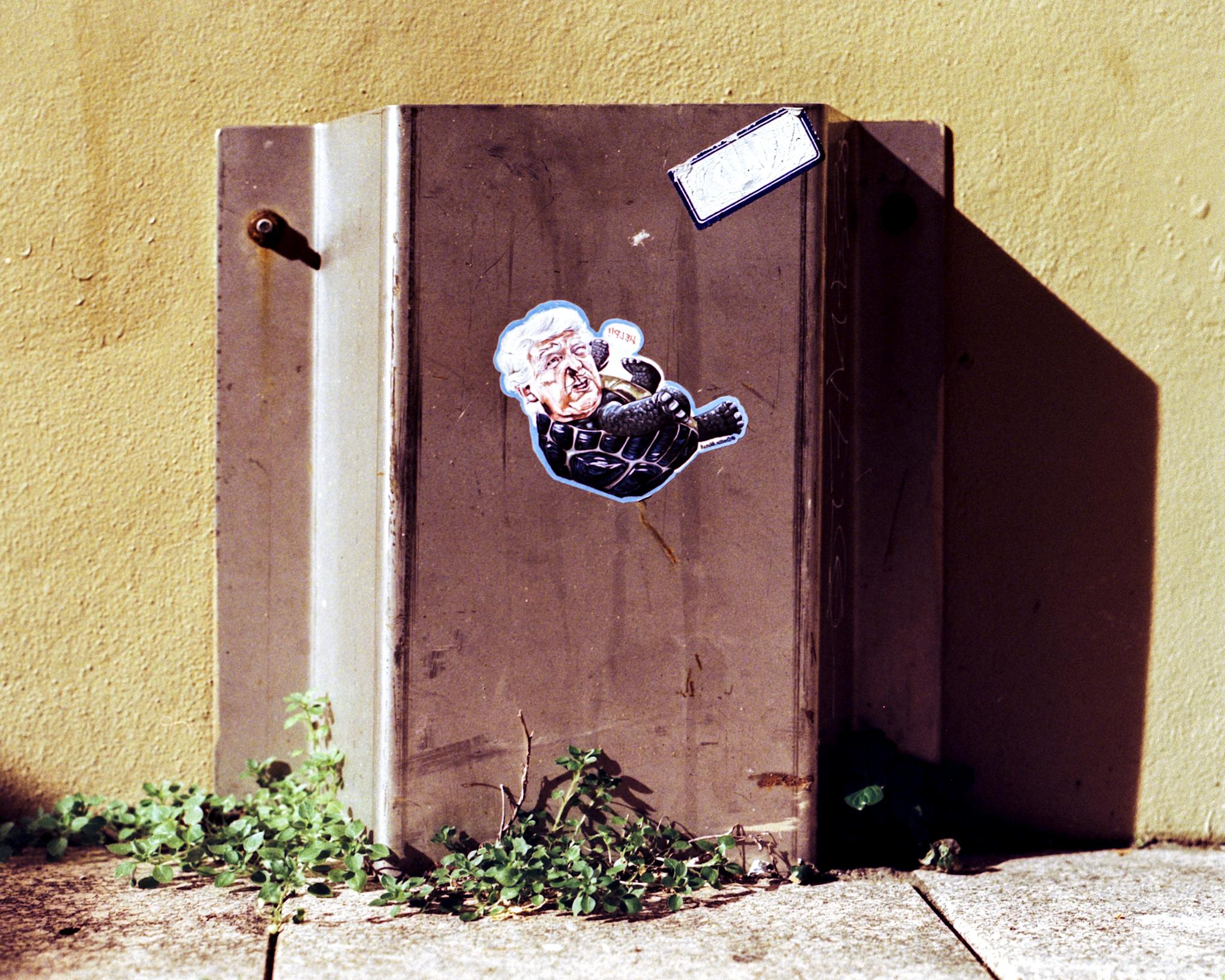 Film photo of sticker on an outdoor wall fitting shot on Kodak Gold 200 with a Pentax 6x7 camera and a 105/2.4 lens for the @photozinecoll.bsky.social Vivid Zine, that I culled from my submissions. It didn’t make the cut. 