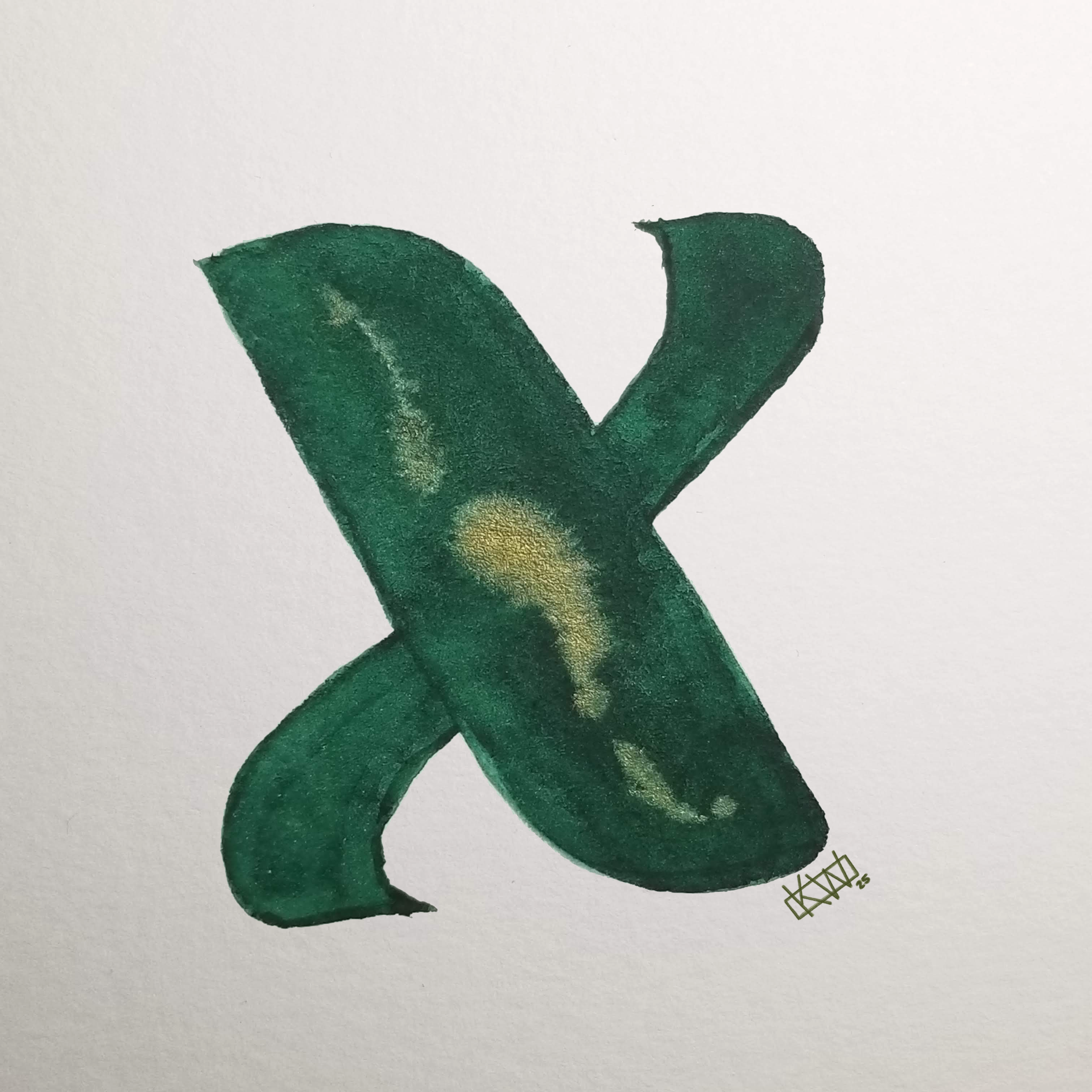Watercolor of upper case letter X in a lovely shade of green with gold swirls.