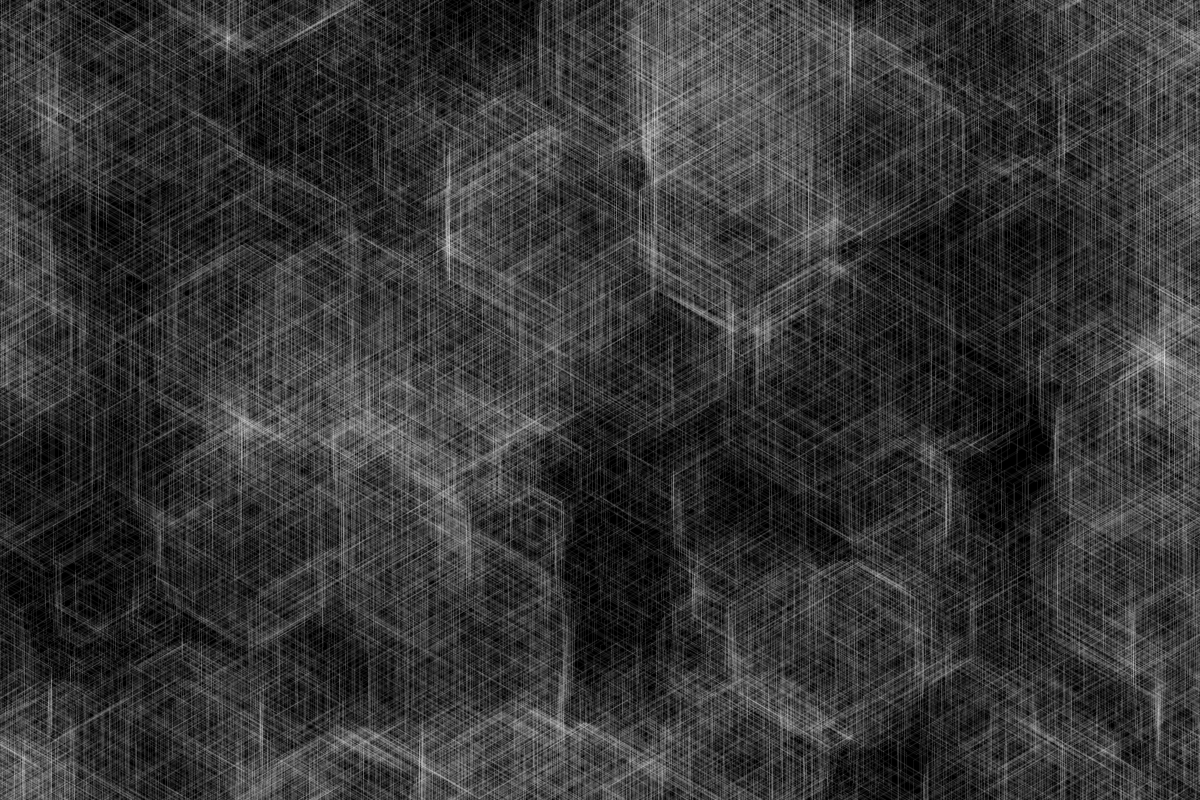 A very large number of hexagons drawn with thin white lines on a black background. If you squint it looks like puffy clouds. But it's hexagons all the way down.