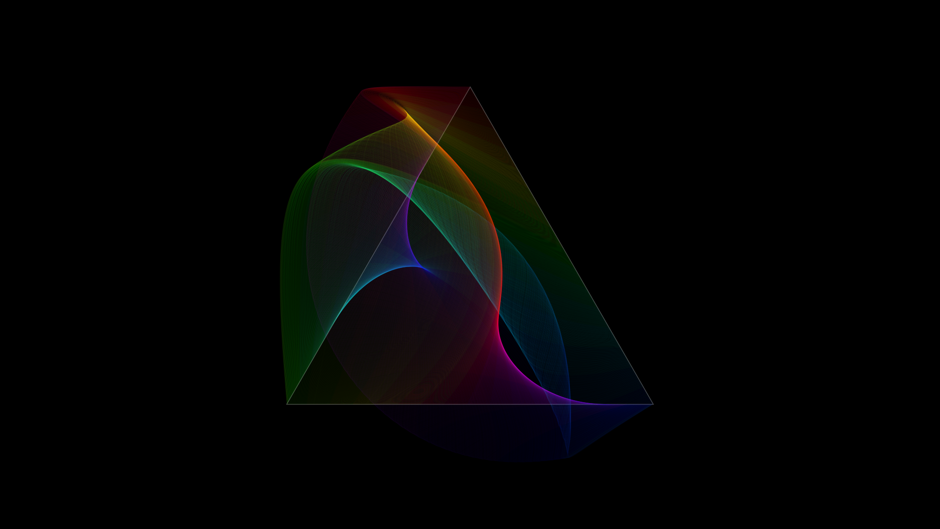 A triangle overlaid with a very large number of thin prismatic curves on a black background. The curves are a little chaotic yet their endpoints are all along the edges of the triangle, as if they are anchored there, well because they are. The vibe is festive abstract rainbow geometry.