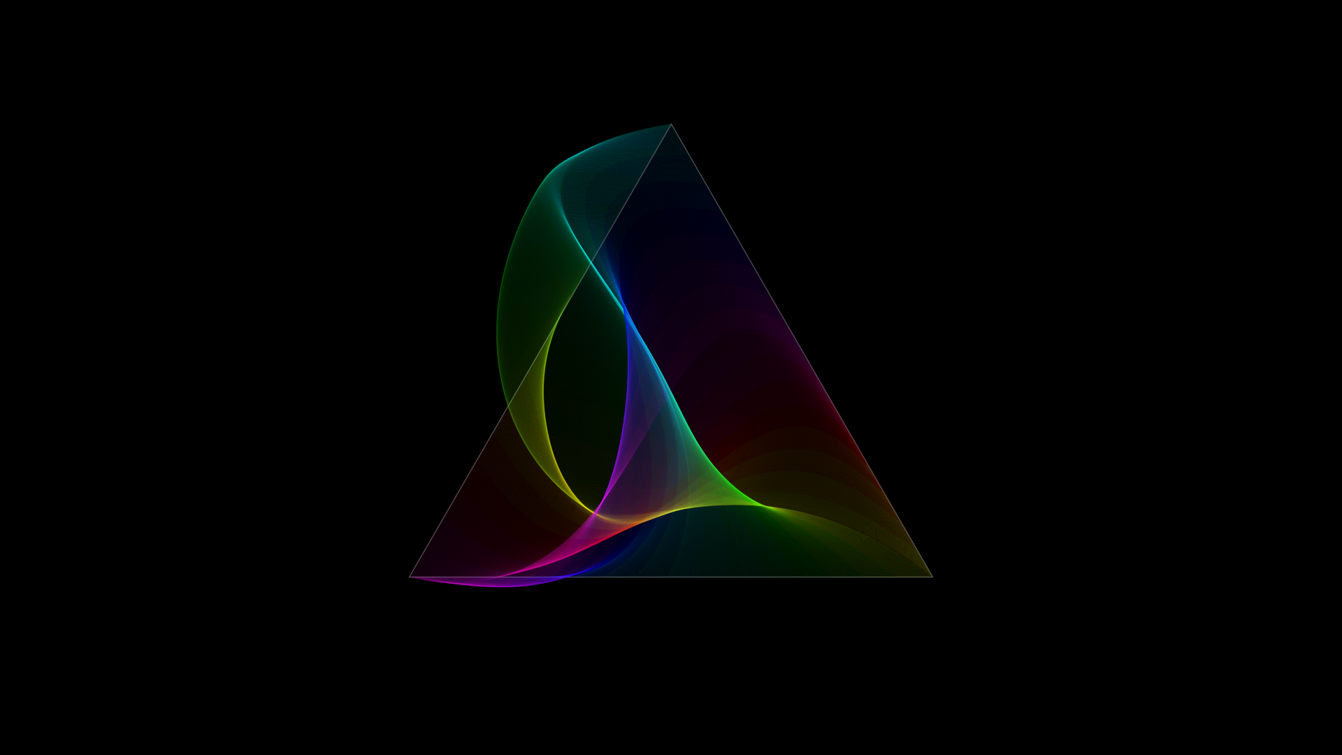 A triangle overlaid with a very large number of thin prismatic curves on a black background. The curves are a little chaotic yet their endpoints are all along the edges of the triangle, as if they are anchored there, well because they are. The vibe is festive abstract rainbow geometry.