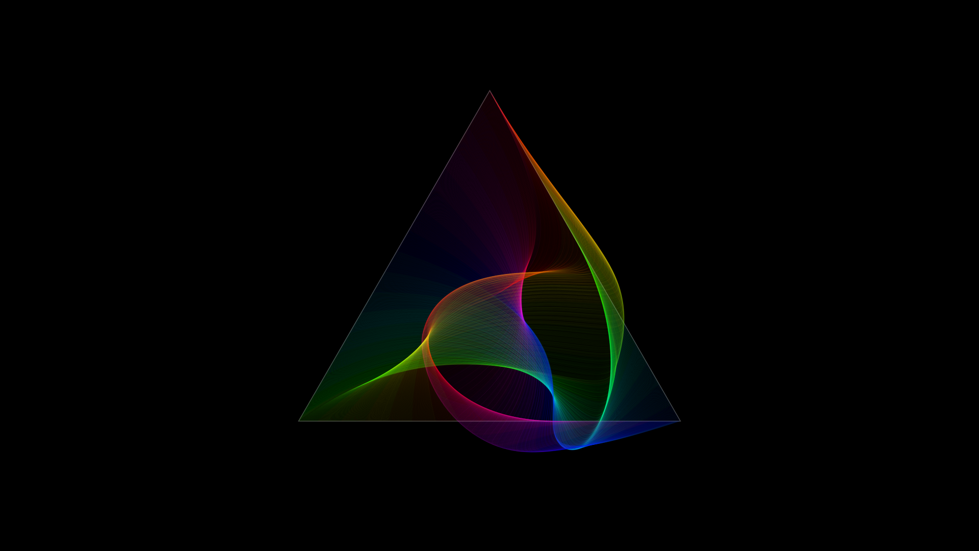 A triangle overlaid with a very large number of thin prismatic curves on a black background. The curves are a little chaotic yet their endpoints are all along the edges of the triangle, as if they are anchored there, well because they are. The vibe is festive abstract rainbow geometry.