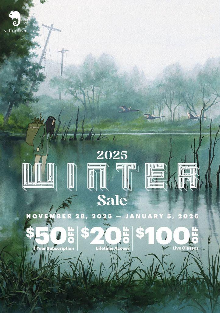 a promotional graphic for an online class, featuring a painting of a foggy lake