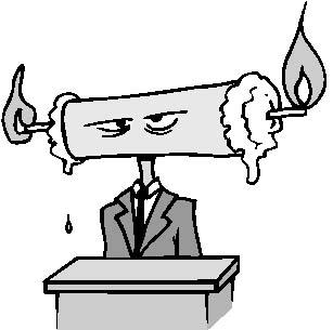 A cartoon of a man in a suit whose head is a giant candle on its side with a burning wick on either end. Get it?