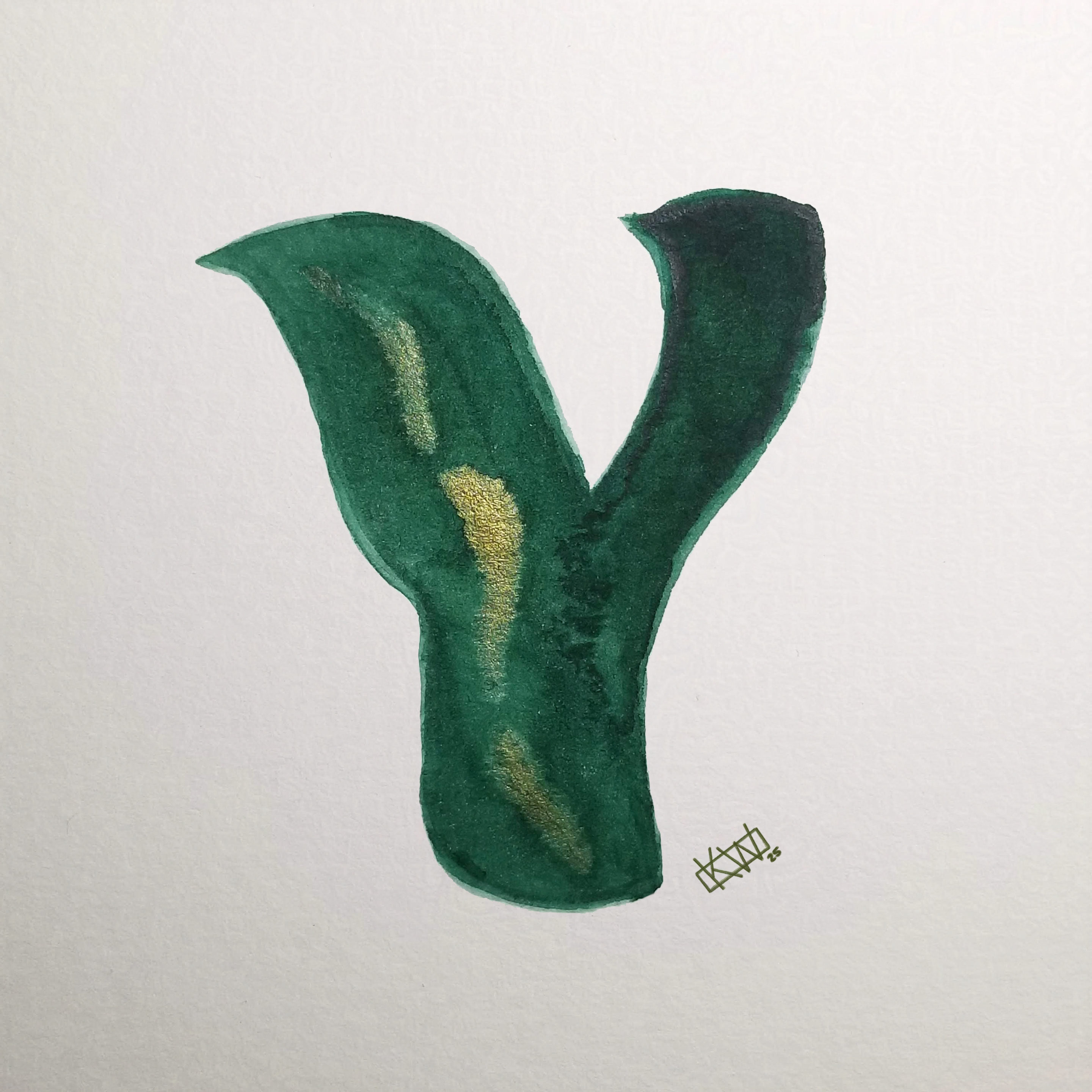 Watercolor of upper case letter Y in a lovely shade of green with gold swirls.