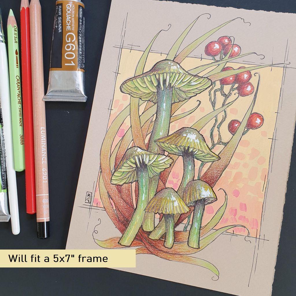 A small drawing of Parrot Waxcap mushrooms in an illustrative, graphic art style. The mushrooms are tones of green with grasses in fantastical shapes behind them with some red berries.
Parrot Waxcap is a spectacular mushroom with varied colours, mainly between green, yellow and blue with a shiny, slimy cap and stem. They can be found in fields, pastures or graveyards, can occasionally occur in open, damp woodland.
An original art work, please note that the frame is not included.
Colour pencil and mixed media on acid free toned artist paper
5 by 7 inches (12.7 by 17.8 cm).