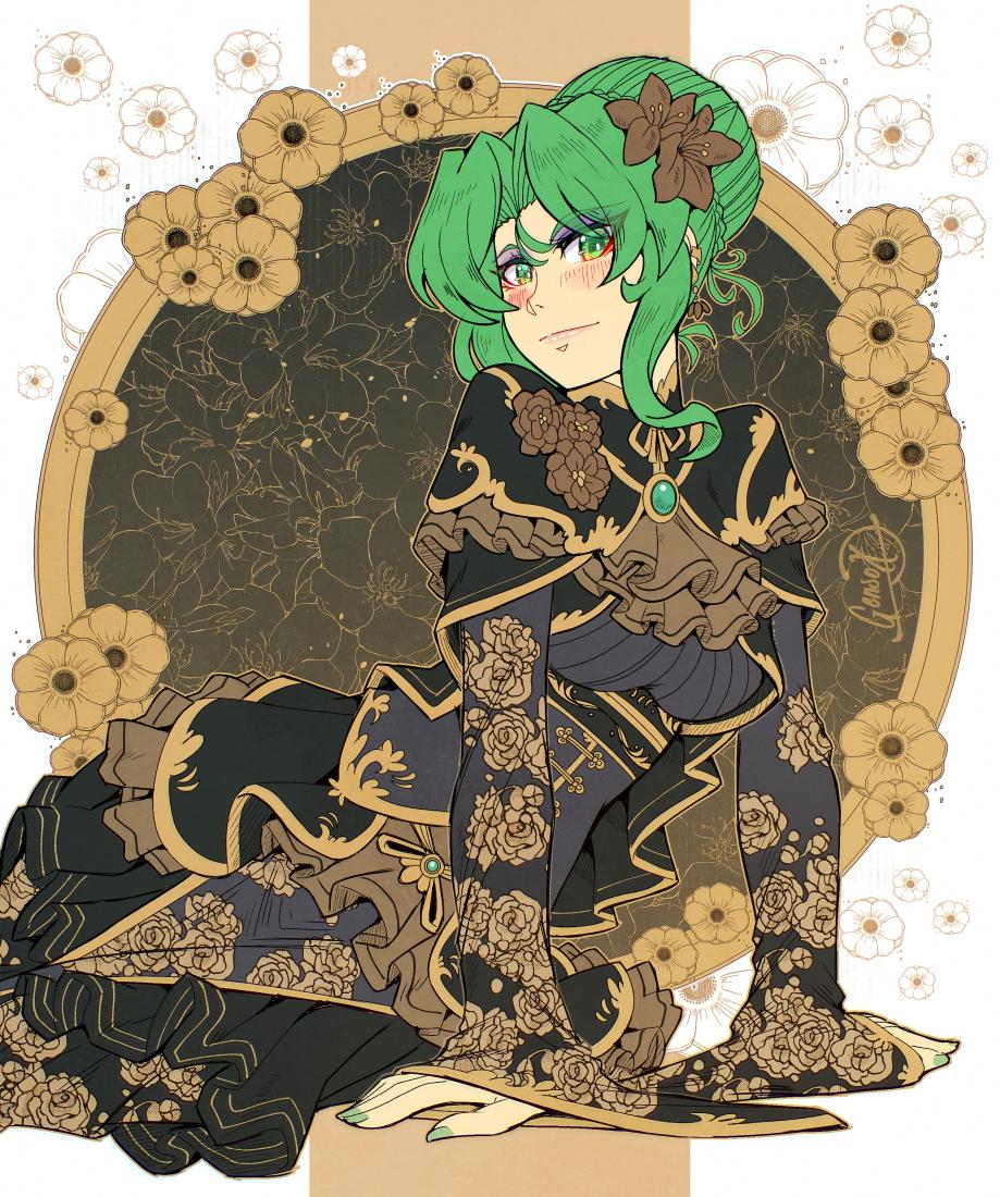 A verdant-haired lady in an elaborate black and gold rococo-style gown, intricately patterned with roses. Regal, opulent, and a little mysterious.