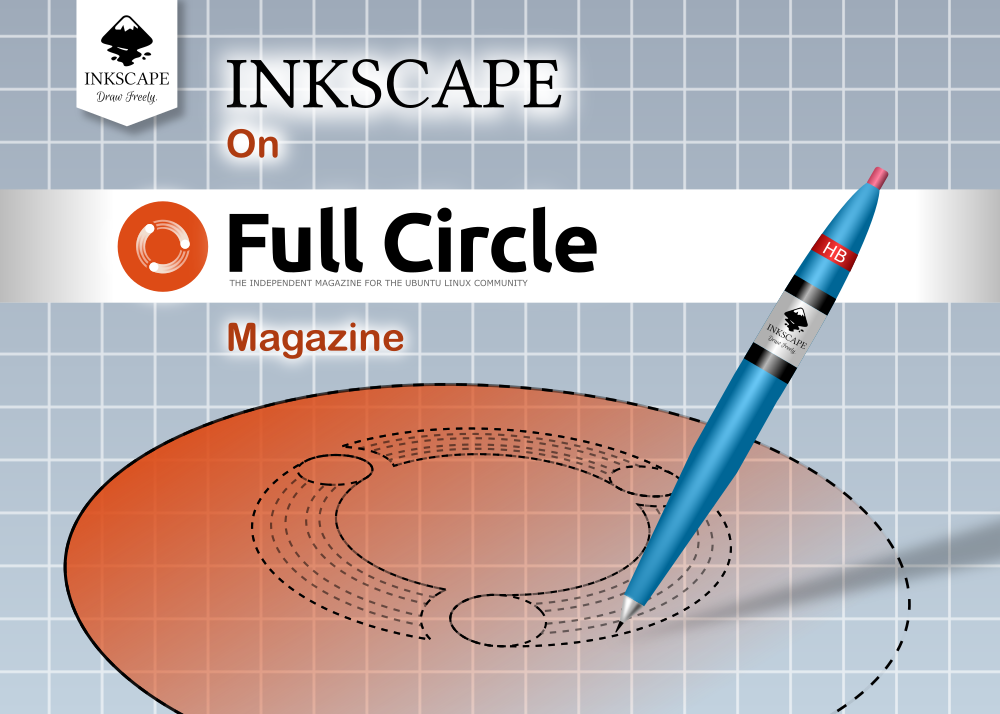 A pencil drawing the Full Circle magazine's logo. Text: Inkscape on Full Circle Magazine