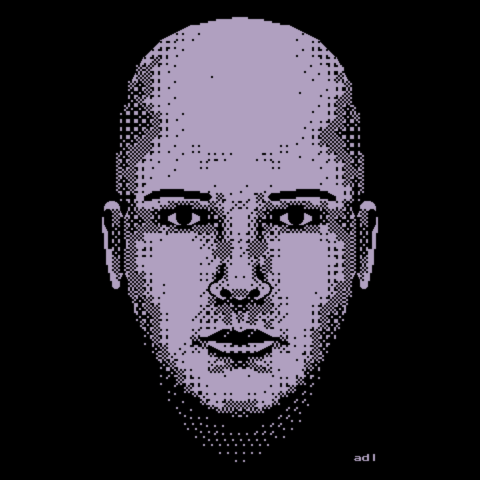 Black and white pixel art portrait of a very average and symmetrical face without hair