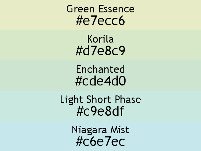 a block of five horizontal color swatches in Green Essence (#e7ecc6), Korila (#d7e8c9), Enchanted (#cde4d0), Light Short Phase (#c9e8df), and Niagara Mist (#c6e7ec).