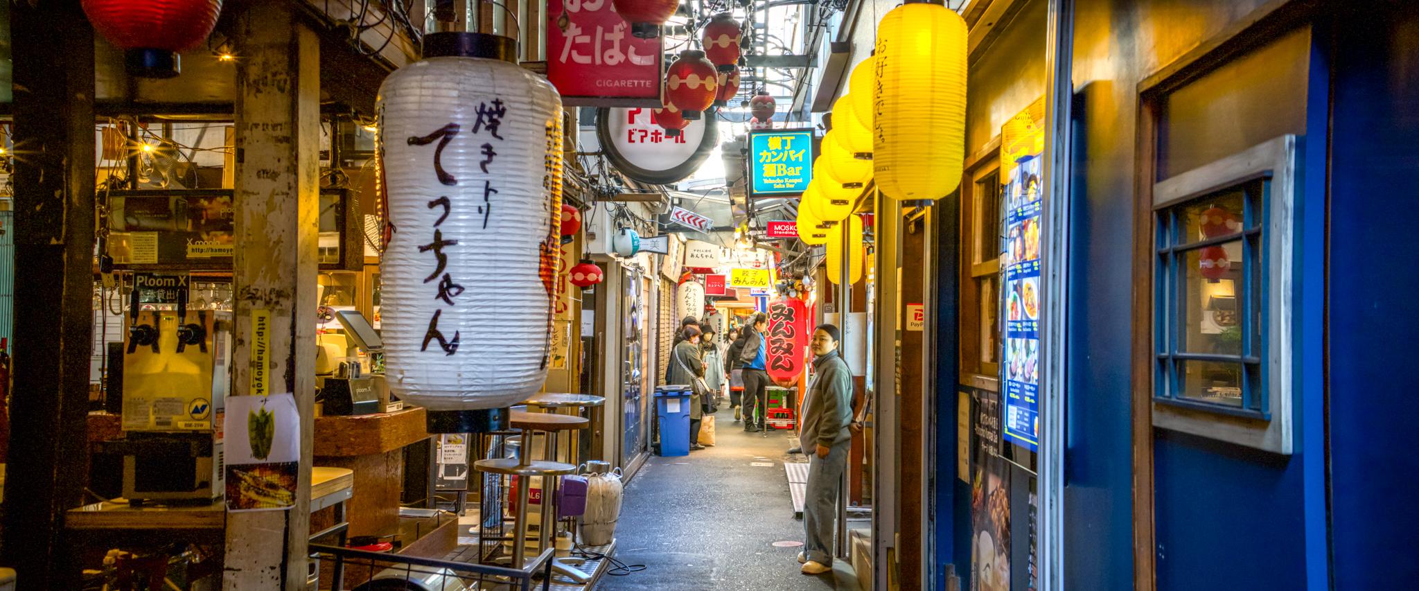 Anamorphic panoramic photo of the alleys at Kichijoji, Tokyo. 