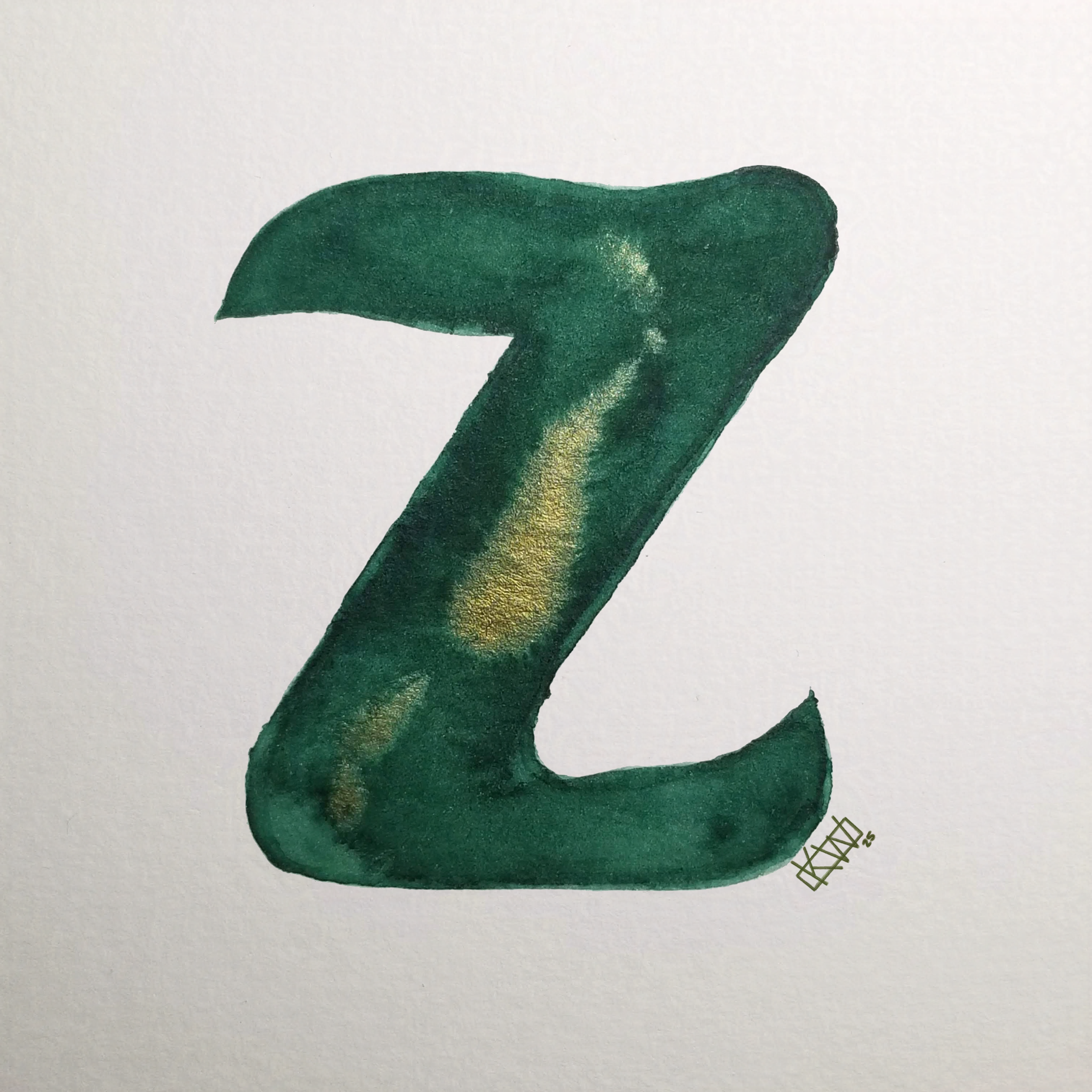 Watercolor of upper case letter Z in a lovely shade of green with gold swirls.