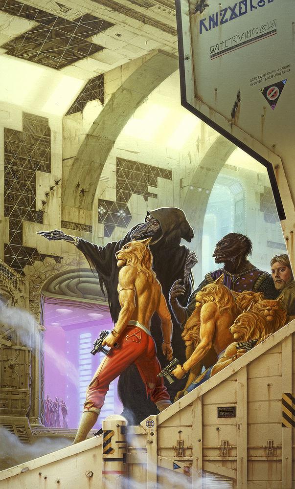 A tall alien in dark hooded robes points across a cavernous, futuristic space, giving directions to a group humanoids with cat-like heads. The Kif has gray skin, a long dragon-like snout, and red eyes. The Hani have muzzles like lions and ears pointed back. The hair draping from their cheeks forms modest manes, falling flat at shoulder length. The most prominent Hani stands with regal bearing while the rest of the group is poised for action on the ramp behind it. Exposed from the waist up, the lithe musculature of the Hani is covered in short golden fur. Its red pants are cuffed above the calf, and it holds a snubbed nosed laser pistol at its thigh. Accents of gold can be seen in a simple thin band around its upper arm and a thicker bracelet around its wrist. A dark furred ape-like humanoid stands above the pack with eyes lost in thought, closely following the directions of the Kif, while a bearded blonde human glances sideways toward the viewer.
