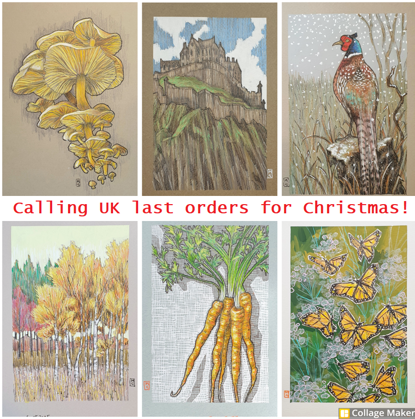 A photo collage of some of my art with the banner 'Calling UK last orders for Christmas!'
he artworks are as follows:
A cluster of yellow mushrooms
Edinburgh Castle
A pheasant in winter
An Autumnal landscape in soft tones
A bunch of carrots
Monarch butterflies in flight