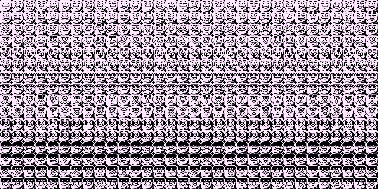 512 little faces are aligned covering all the picture. There is 8 main groups, regular faces, faces with freckles and unibrow, animalistic faces, faces with sunglasses, cyclops, faces with huge glasses, faces with hair covering their eyes and faces with dark thief's mask. Everyone of them is a little different. Everything is text mode based pixel art