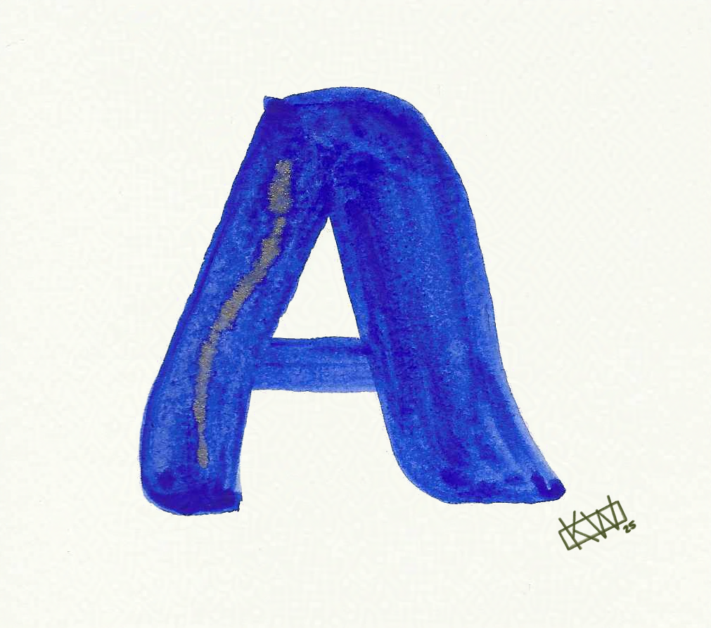 Watercolor of upper case letter A in a lovely shade of blue with gold swirls.
