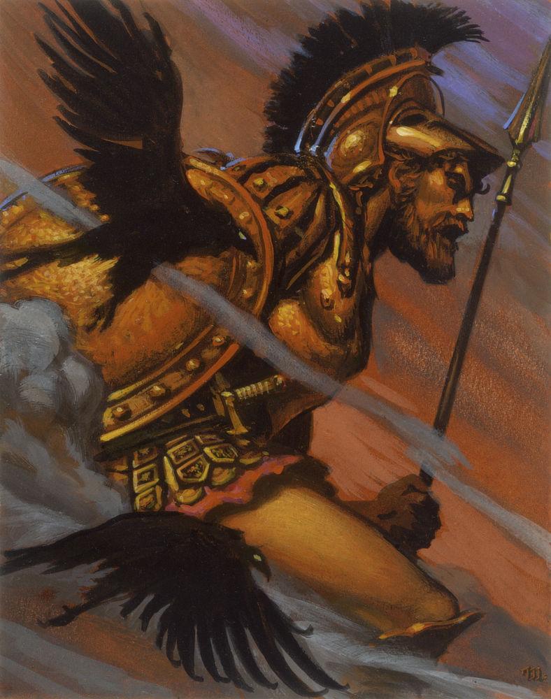 The god Mars marches to war wearing bronze armor with straps of leather. The metal face plate of his plumed helm is tilted up exposing his red hair and beard. He holds a spear in one hand and a shield in the other. There is a sword at his belt. A pair of ravens fly at his side as streams of smoke flow past.

