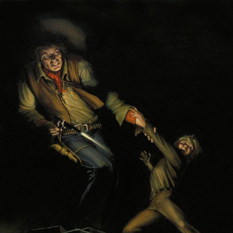 Figure detail from SLOW MUTANTS featuring Roland lit by muzzle flash. He wears a rough leather vest, handmade shirt, and blue jeans. A red handkerchief is knotted and tucked in the open collar, accented not with buttons but leather cords. Overlapping ammunition belts cross in an X at his waist. A holsters is secured against his thigh with a leather cord. With his free hand, Roland seizes Jake's arm. The boy's face is etched with terror as he looks back over his shoulder.