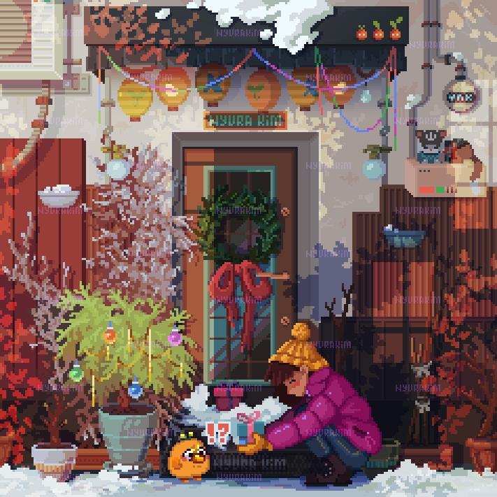 A Pixel Art illustration of a front of a house with lots of garden pots with only twigs in them, since it is a winter season and greenery is not the lash. However, there are numerous of shadows that are implecating "the greenery that it was". Shadows do not match with reality on purpose. The main focal point is two characters at the front of the door: a little duckling and the girl, Ginger. Duckling just brought the present and left it at the door, but was stopped by Ginger and surprised with the present for him as well. The illustration contains already drawn before parts of scenery for a work called "Sunbathing" and in a way is a hommage to summer-scene it was proviously. Art by Nyura Kim.