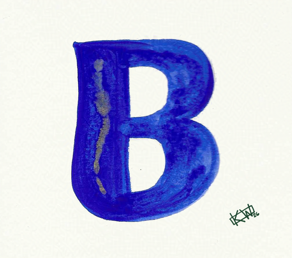 Watercolor of upper case letter B in a lovely shade of blue with gold swirls.