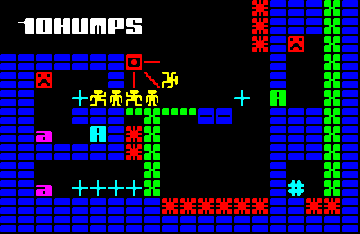Picture is a mockup of a basic platformer featuring characters of 10humps font as graphics. It suggest features like asterisks characters being spikes, double quote being bridges, X being ladders, colon being walls and floor, plus sign as collectible. Special characters are made for player and a few monsters.