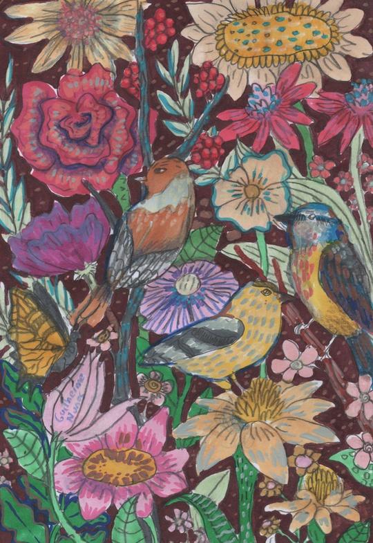 painting of a flower garden with a butterfly and three little birds