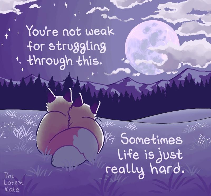 A drawing of two foxes cuddling in the moonlight. The caption reads, "You're not weak for struggling through this. Sometimes life is just really hard."