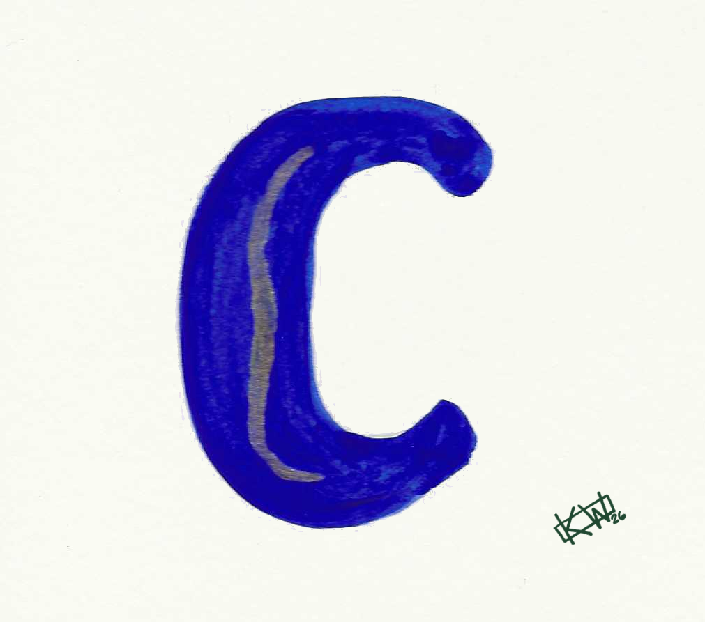 Watercolor of upper case letter C in a lovely shade of blue with gold swirls.