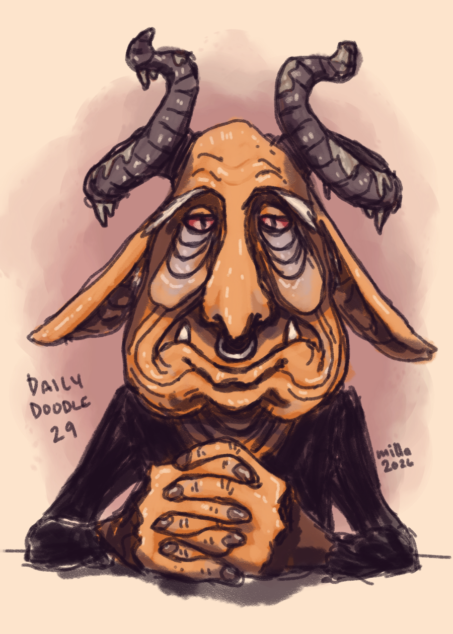 Digital drawing of a very old goblin. He has huge bags under his eyes, long droopy ears, a nose piercing and curly horns with lichen growing on them. He's sitting hands crossed at a table, and looking at us unimpressed.