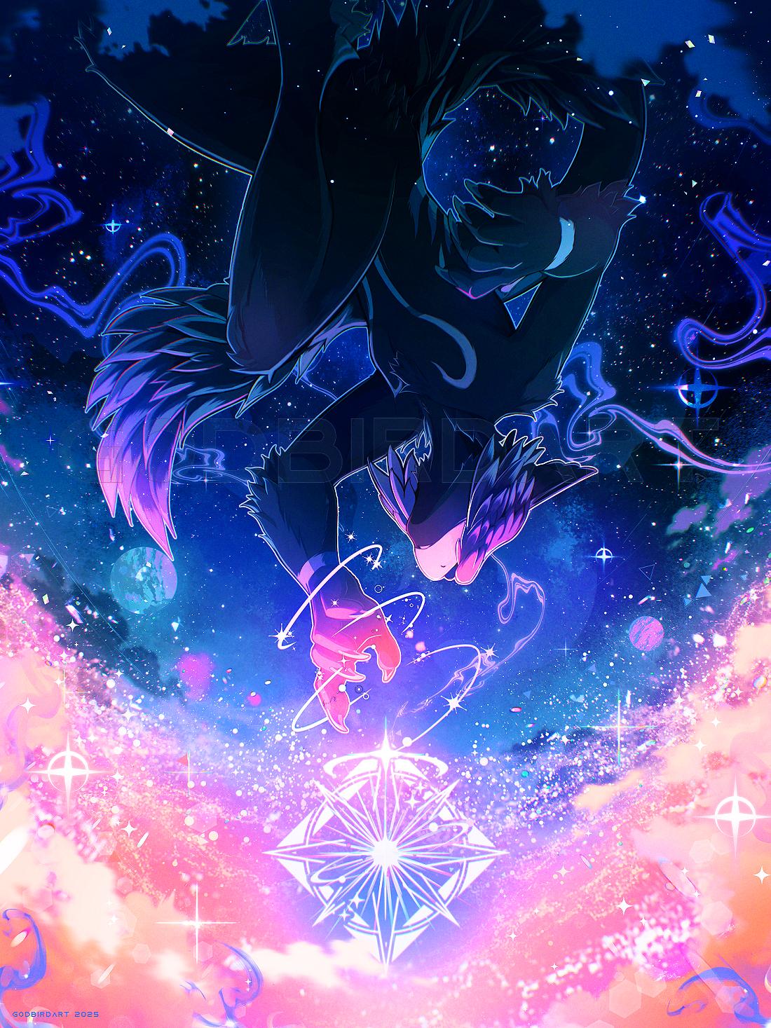 image is a digital portrait of an anthropomorphic character upside-down reaching out towards an illuminated cosmic icon at the bottom-center of the canvas. vibrant clouds of stardust swirl about the bottom of the canvas, darker near the top where distant stars and planets are move visible.