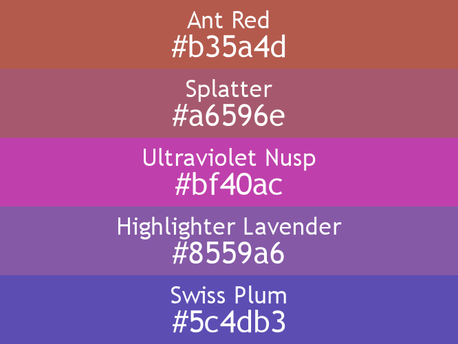 a block of five horizontal color swatches in Ant Red (#b35a4d), Splatter (#a6596e), Ultraviolet Nusp (#bf40ac), Highlighter Lavender (#8559a6), and Swiss Plum (#5c4db3).