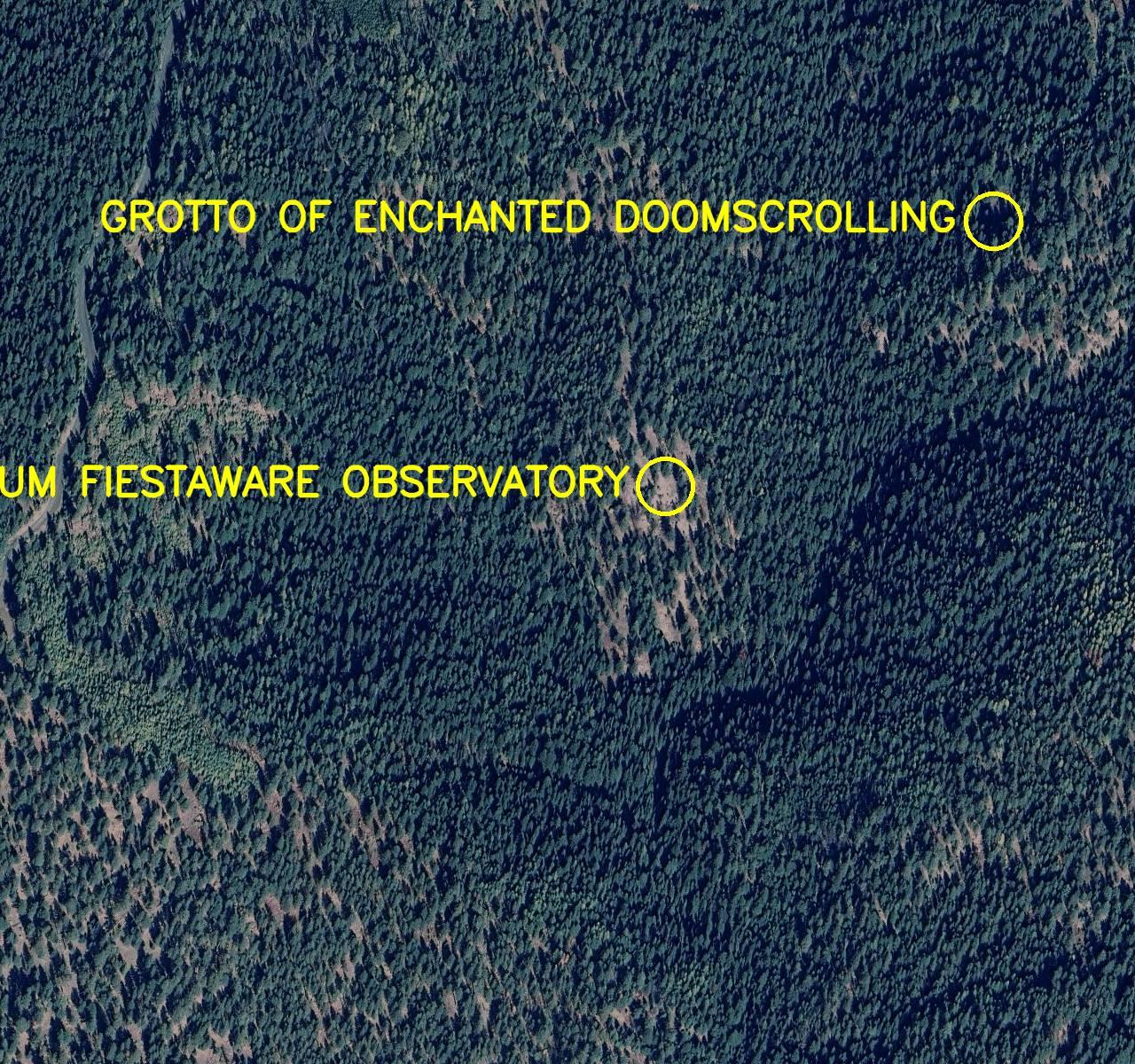 Aerial satellite photo labelled in bright yellow letters:
1. Quantum Fiestaware Observatory
2. Grotto of Enchanted Doomscrolling