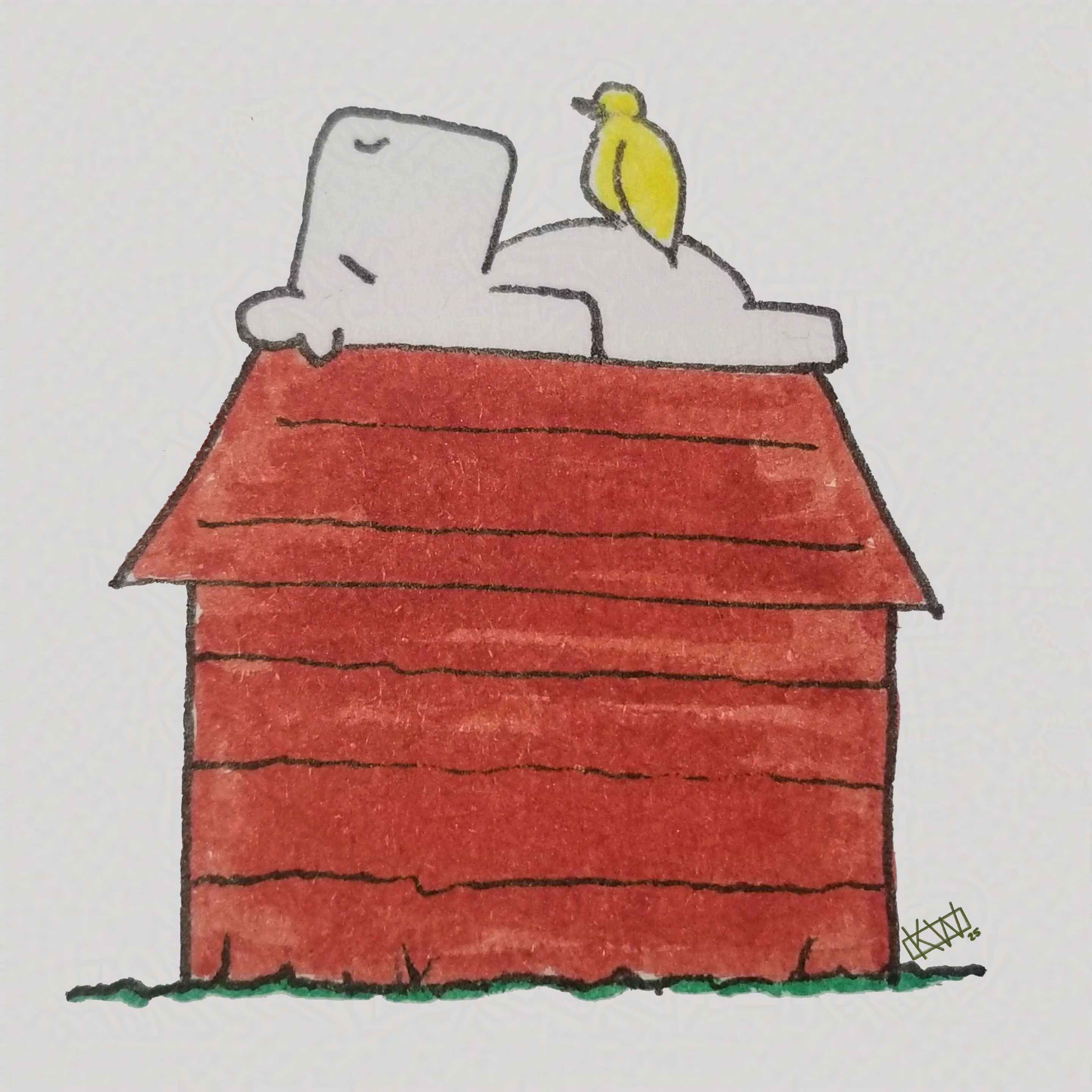 Ink doodle of a capybara lying on the roof of Snoopy's red doghouse while a yellow bird sits on the capybara's stomach.
