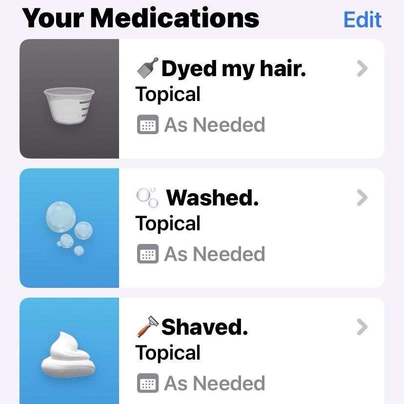 A screenshot of Apple Health app Medications section with customer items like ‘dyed my hair’ listed as Topical + As Needed.